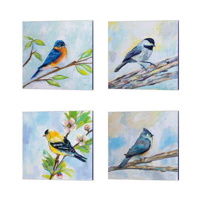 Oiseau bleu, mésange, pinson doré et mésange par Jeanette Vertentes, art sur toile (ensemble de 4)