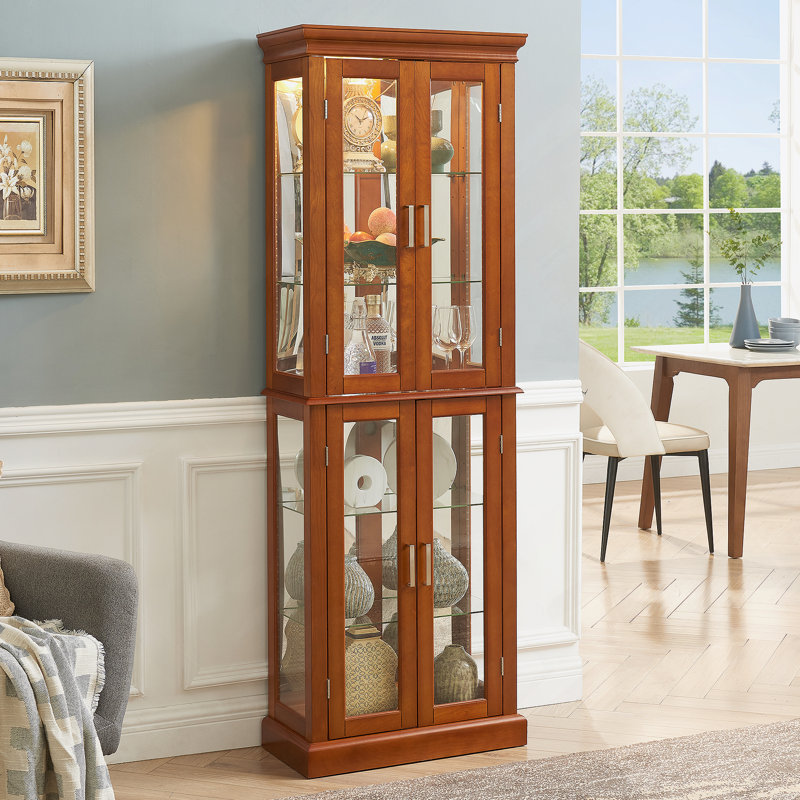 Lighted Curio Display Cabinet With Adjustable Shelves And Mirrored Back For Showcasing Various Collections In Style, Walnut