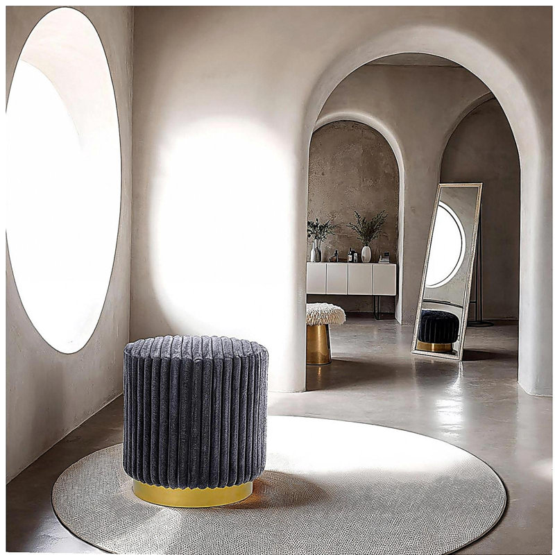 Tabouret décoratif rond à base dorée en tissu de fourrure d'acier inoxydable contemporain gris foncé, Gris foncé