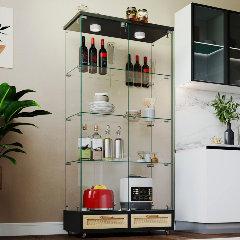 Étui de rangement à 2 portes et 4 tablettes, présentoir en verre moderne avec lumières DEL, noir et naturel, assemblage rapide, peu encombrant pour la cuisine