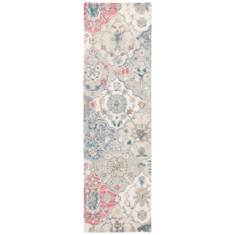 Tapis rose / bleu marine / ivoire en laine touffeté à la main de style oriental Tecumseth, Tapis de couloir 2 pi 3 po x 12 pi