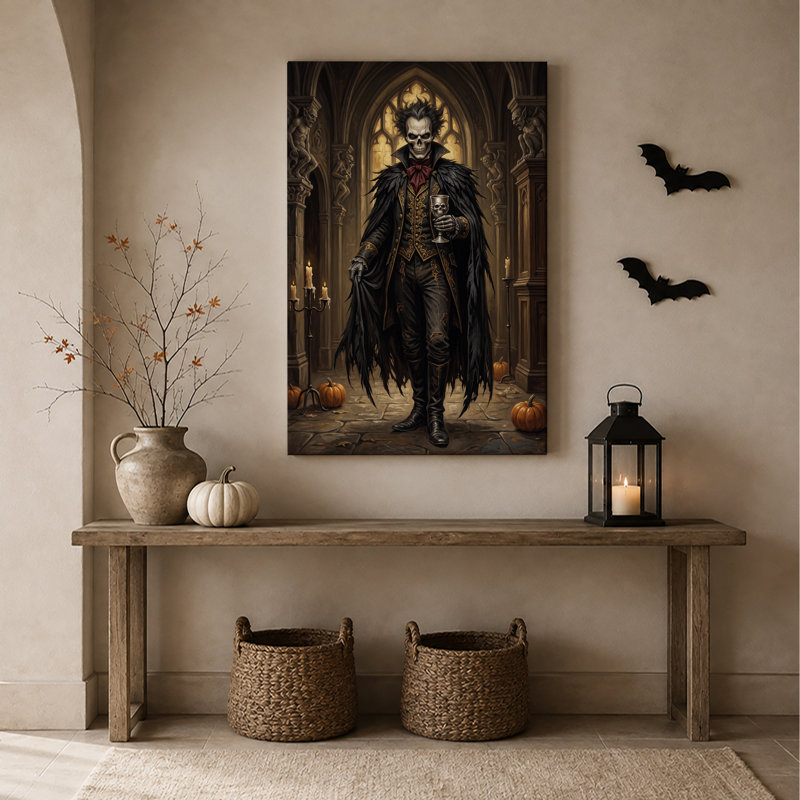 Art mural sur toile gothique squelette vampire dans la cathédrale avec Halloween, H 40 po x l 28 po