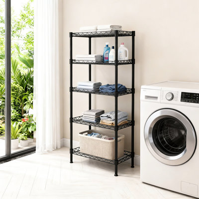 Étagère à 5 niveaux en fil de métal noir, réglable et pour divers espaces comme le salon, la chambre à coucher, bureau avec poteaux verticaux de 5,12 pouces 1,18 1,37 tablettes, construction robuste, outil facile