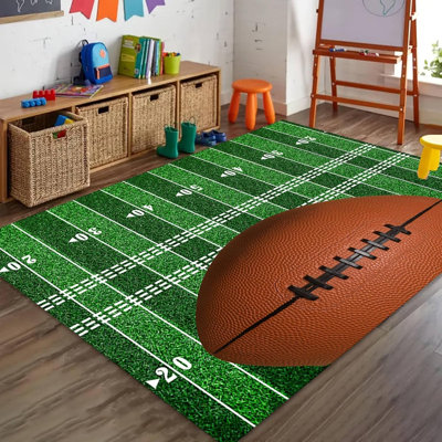 Sports Field Area Rug,American Football Rug,Green Grass Football Field Home Decor Rug for Living Room Bedroom Room Play Mat Non-Slip Washable Rugby Rug, 2.6′ × 4′