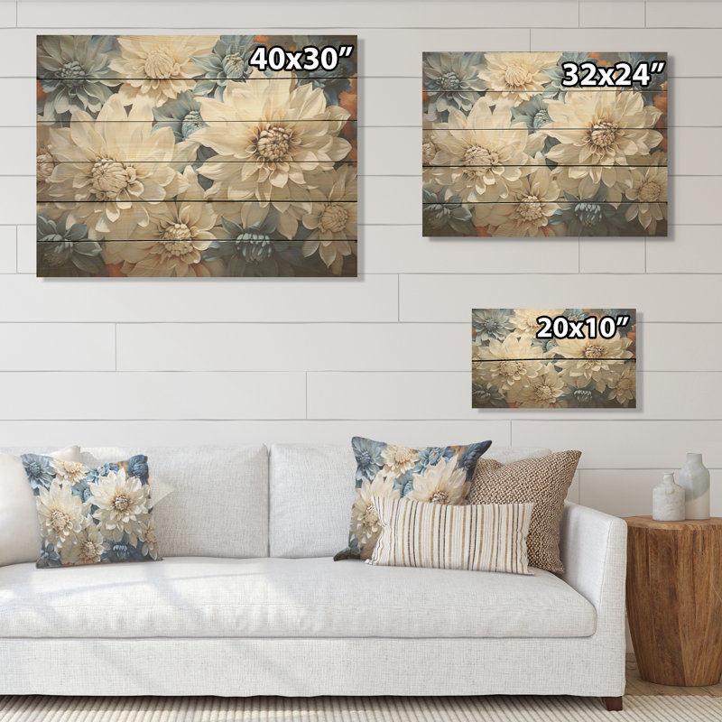 Collage de chrysanthèmes blancs et bleus - art mural sur bois de pin naturel, H 10 po x l 20 po