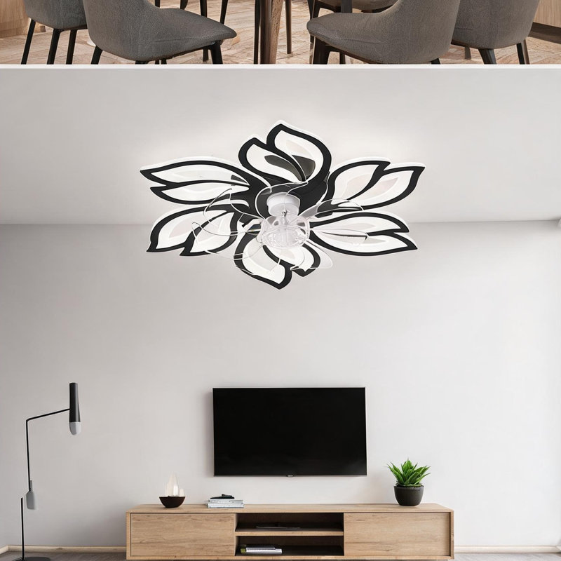 Ventilateur de plafond sans lame avec lumière DEL intégrée, télécommande pour application, acrylique noir jais, plafonnier encastré de 25,5 pouces pour la chambre à coucher ou le salon