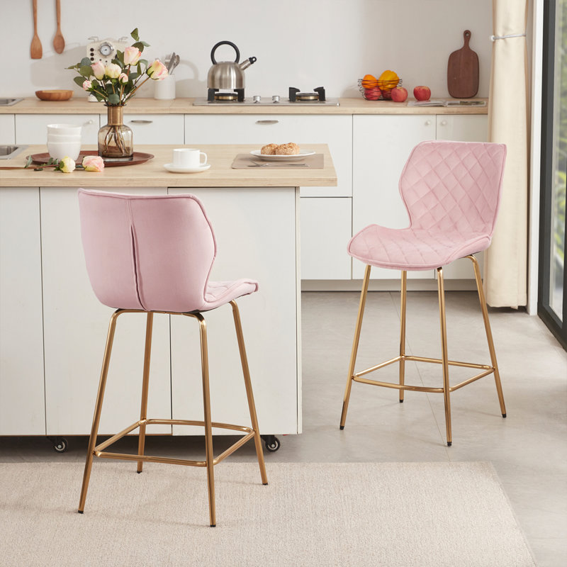 Tabourets de bar ergonomiques avec sièges rembourrés Hulda, Rose saumon, Tabouret de comptoir (siège d'une hauteur de 24 p