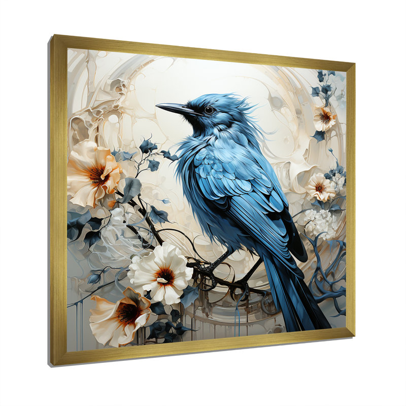 Oiseau bleu fleurs minimalistes I - animaux, impressions murales FDP107160, H 16 po x l 16 po x P 1 po, Or