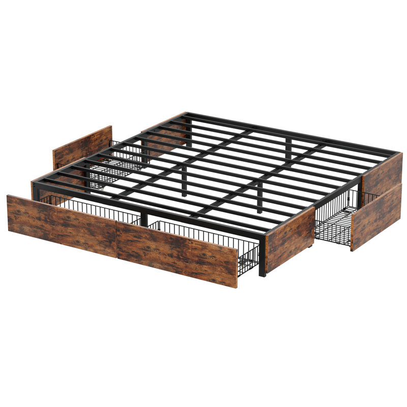 Lit plateforme très grand avec pied de lit et 4 tiroirs sous le lit, brun, Très grand, Brun
