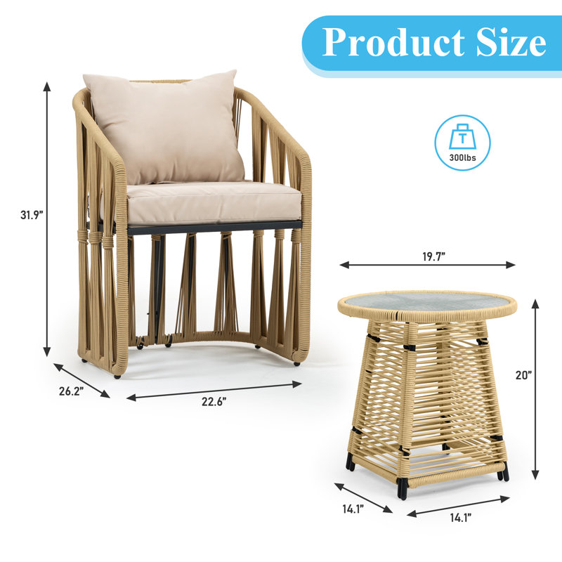  3 Piece Patio Rattan Bistro Set, Outdoor All Weather Wicker Furniture Chairs With Table And Soft Cushions, Modern Conversation Set Ideal For Balcony, Garden And Poolside