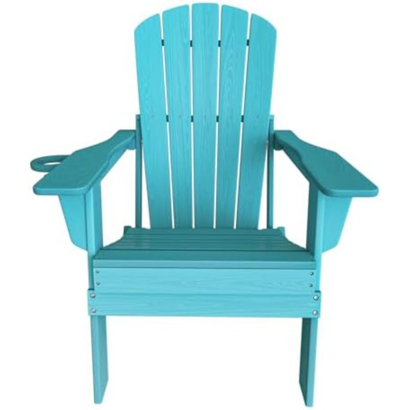 Folding Adirondack Chair, SGS Tested, Wooden Textured With Cup Holder, Heavy All-Weather HDPE Comfortable Set Poolside Backyard Lawn Aruba Blue Set 2
