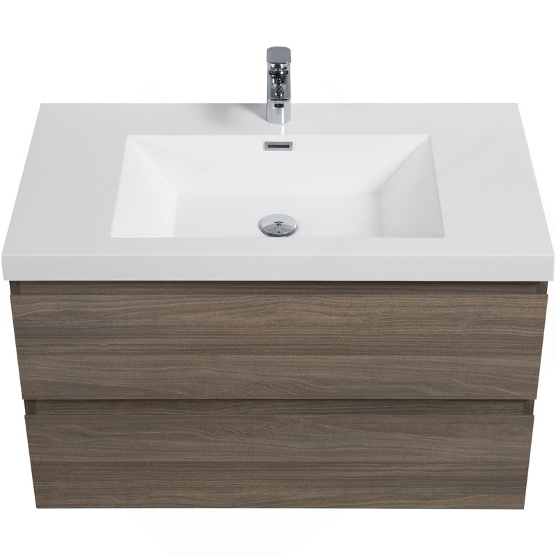 Meuble-lavabo flottant 36 po avec lavabo, meuble-lavabo mural moderne avec lavabo et tiroirs à fermeture en douceur, gris cendré