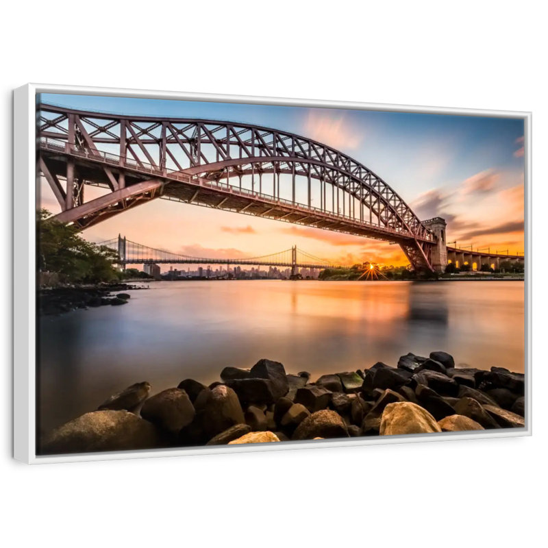 Pont Triboro au coucher du soleil, Cadre flottant blanc, 31 po x 21 po