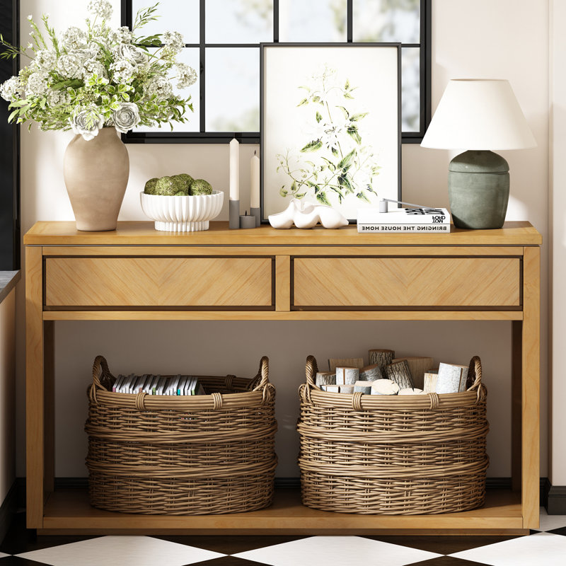 55" Console Table, Rustic Wooden Entryway Table With Storage Drawers And Open Shelf, Elegant Sofa Table For Hallway And Living Room