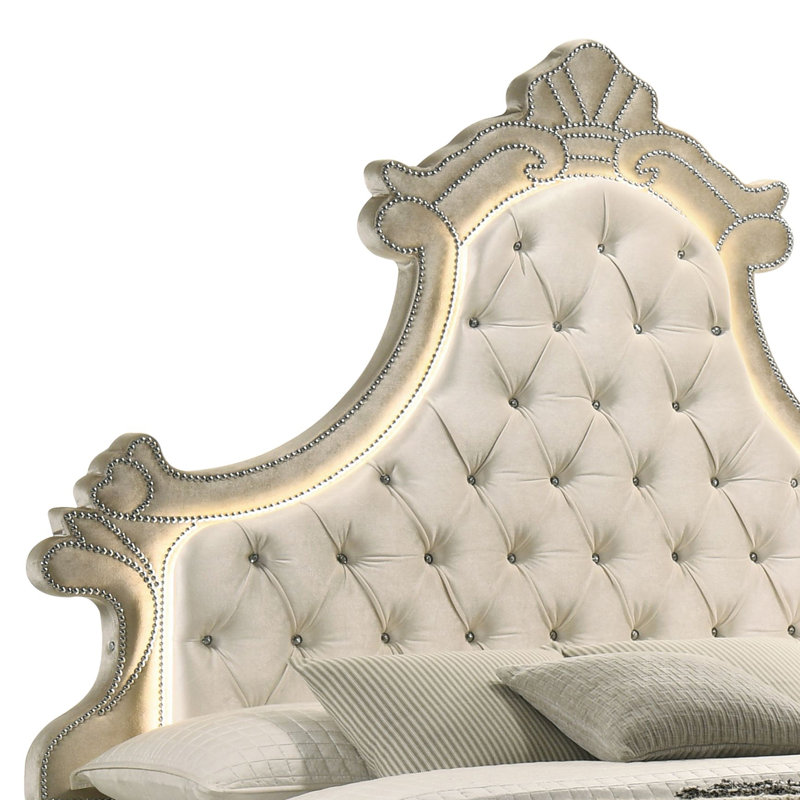 Lit oriental avec DEL, velours beige, Très grand