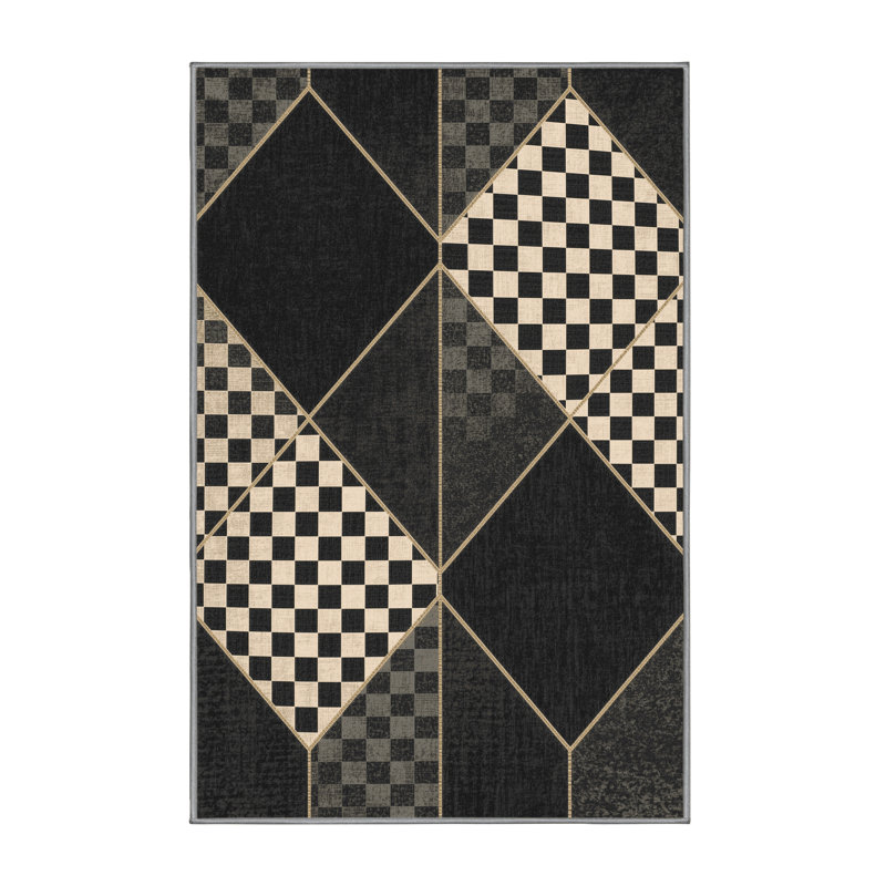 Machine Washable Arverne Art Deco Checkered Rug in Gray – Gray Binding, 6x9