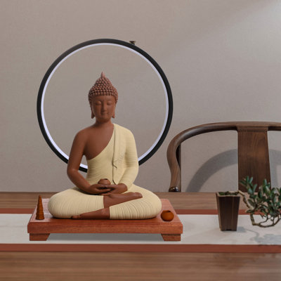 Statue de Bouddha en céramique et lampe de table circulaire à DEL pour la décoration intérieure