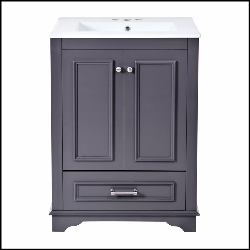 Meuble-lavabo autoportant moderne de 24 pouces avec lavabo en céramique, portes à fermeture douce et rangement spacieux pour des salles de bain élégantes et fonctionnelles