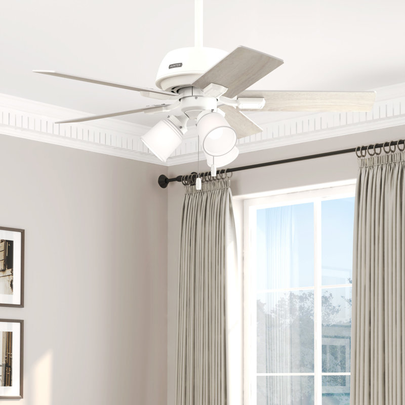 44" Crystal Peak 5 - Blade Ceiling Fan With Lights and Pull Chains, Matte White