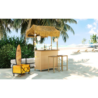 Hawaiian-Style Bar For Outdoors With Storage, Pe Grass Canopy, Wood Material, Adjustable Feet Outdoor Hawaiian Flavor And Integrated, Convenience Functional Storage