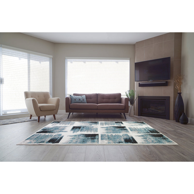 Bleu sarcelle/noir abstrait tapis décoratif Pangkal Pinang, Rectangle 5 pi 3 po x 7 pi 6 po