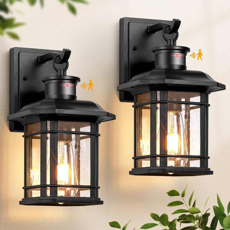 2 Pack Black Outdoor Wall Lanterns with Motion Sensor, Dusk to Dawn Outside Lights for House , Black