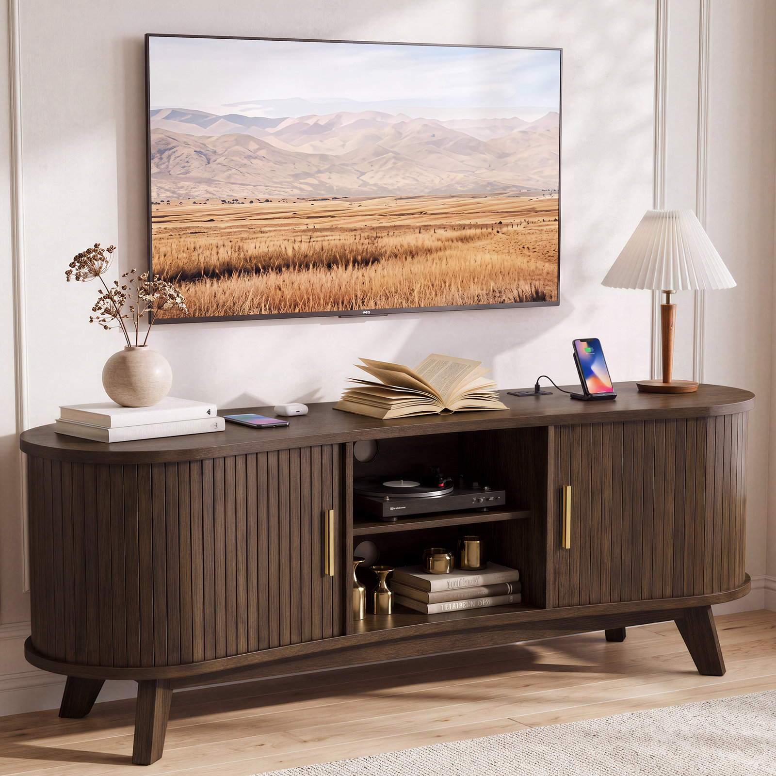  Modern Wooden TV Stand with Slatted Sliding Doors
