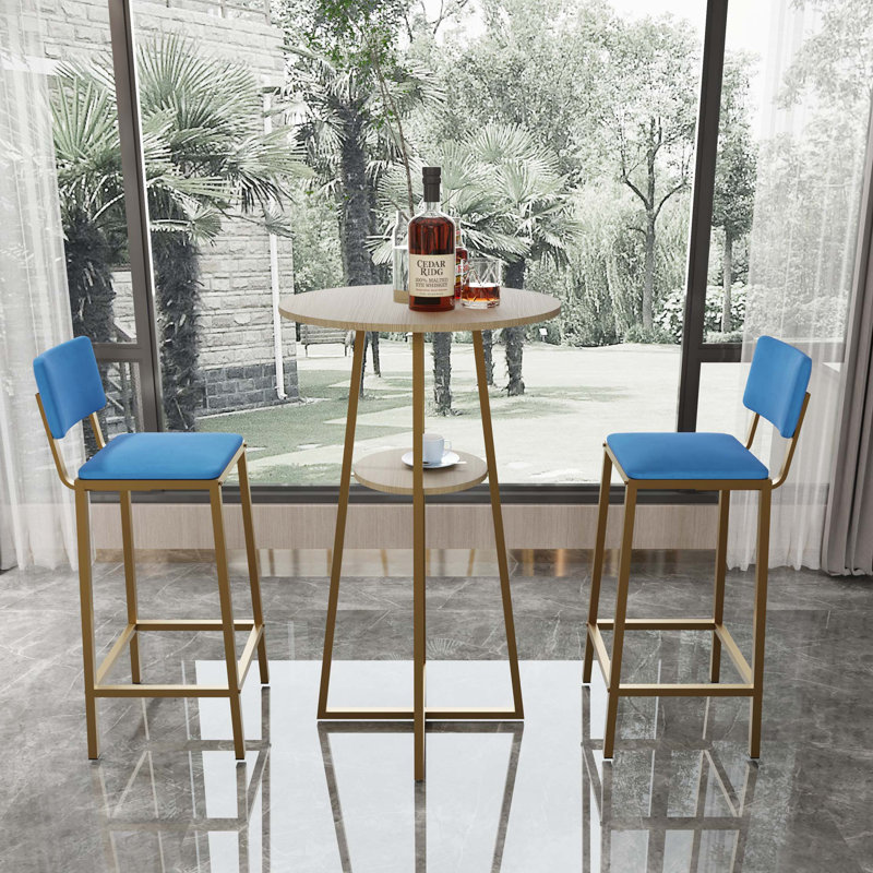 Ensemble 3 pièces de table et chaises de bar, structure, coussins et dossiers de siège en éponge, table de bar avec rangement