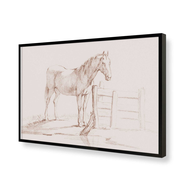 Cheval debout à une clôture par Jean Bernard, reproduction d'art, H 24 po x l 32 po, Noir