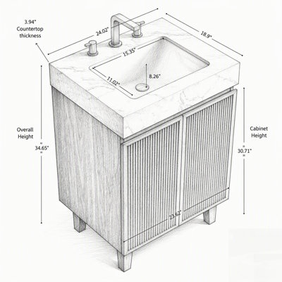 Meuble-lavabo avec lavabo, meuble indépendant, comptoir en pierre frittée veinée, lavabo en céramique