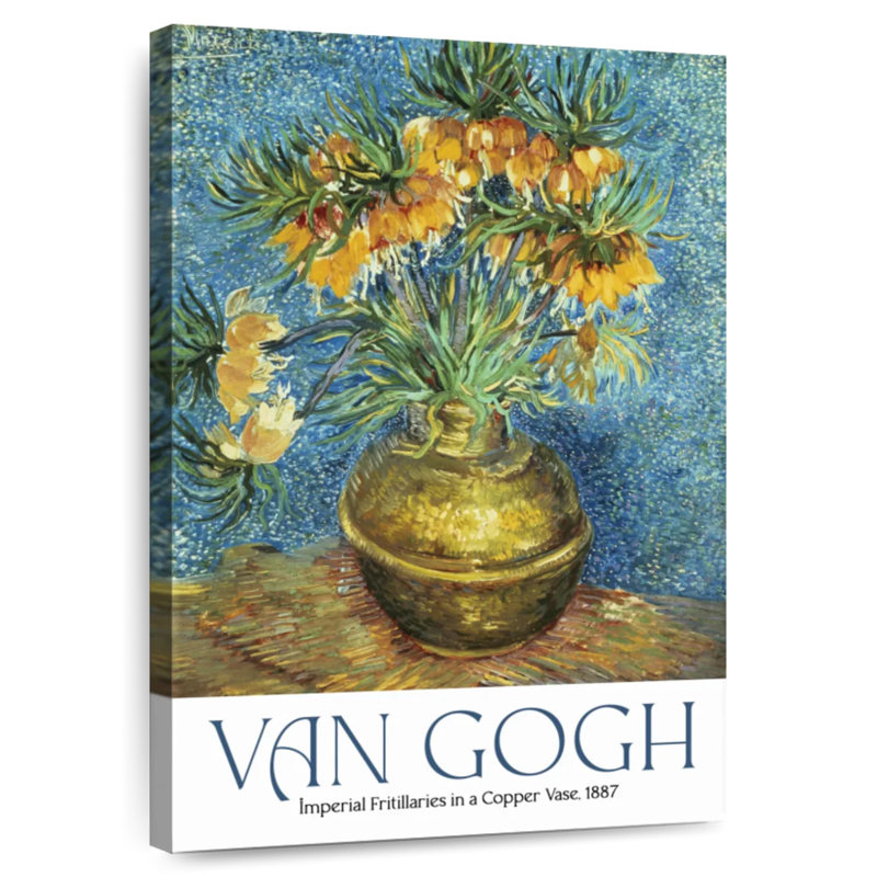 Fritillaires impériaux dans un vase de cuivre, exposition Van Gogh, H 51 po x l 34 po