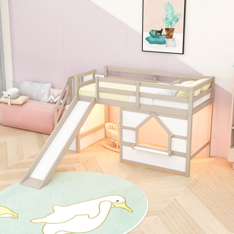 Lit mezzanine simple bas avec escalier de rangement, glissade et éclairage multicolore, Blanc beige