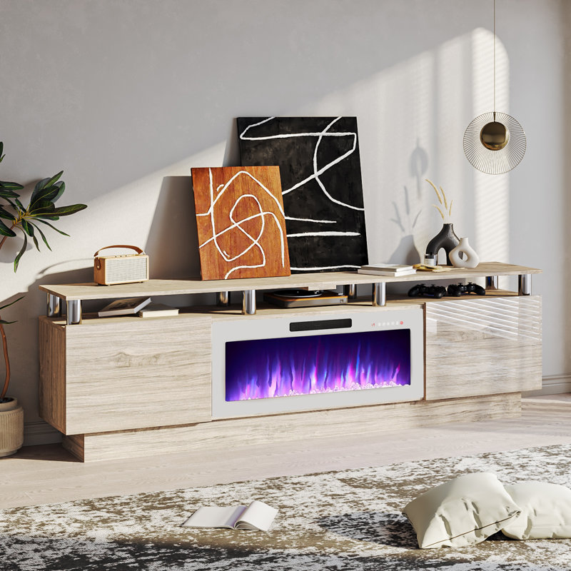 Meuble télé avec foyer électrique Alazik, Gris/argent, Blanc, 24”H x 14”L x 80”W