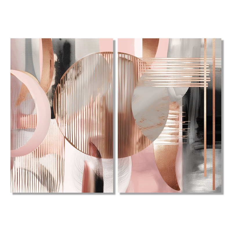 Rayures et lignes roses, art moderne IV - formes modernes abstraites, art mural grand transitionnel, 2 pièces, Wrapped Canvas