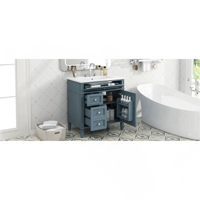 30'' Bathroom Vanity with Top Sink, Modern Bathroom Storage Cabinet with 2 Drawers and a Tip-out Drawer, Single Sink Bathroom Vanity