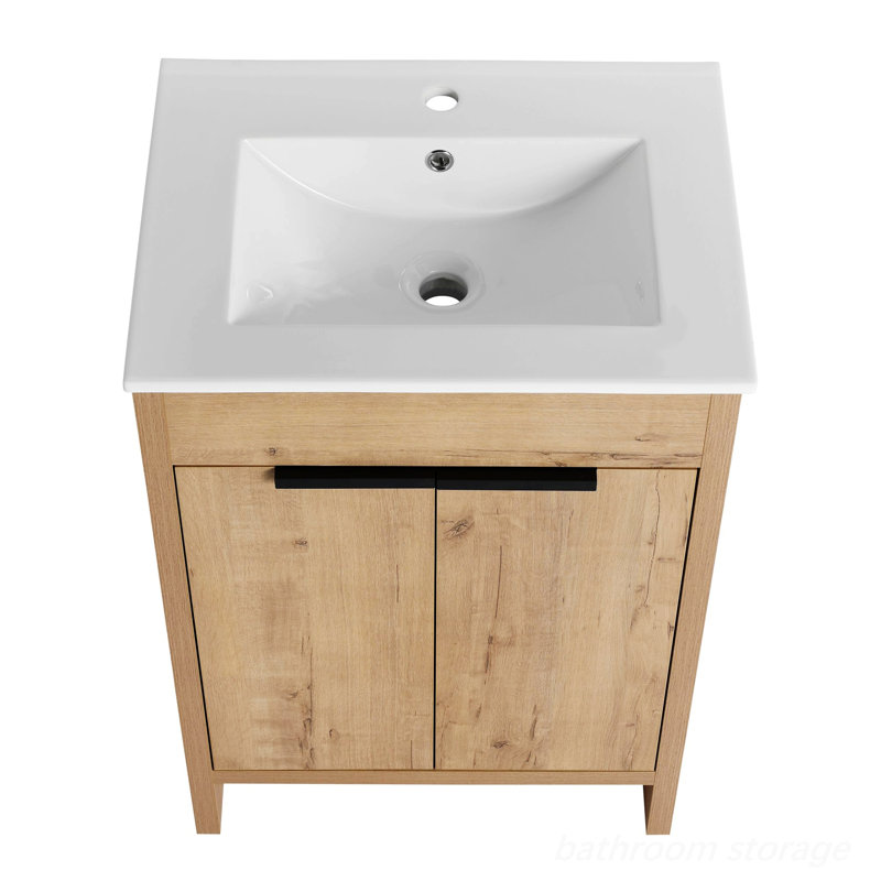 Meuble-lavabo autoportant avec lavabo en céramique et 2 portes à fermeture en douceur