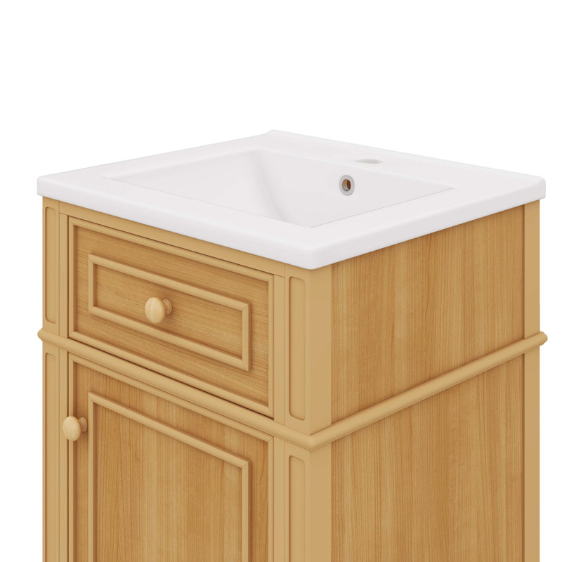 Meuble-lavabo autoportant en bois de 20 po avec lavabo, pieds en bois massif, tiroir inclinable, tablette réglable - boutons en bois pour les petites salles de bain