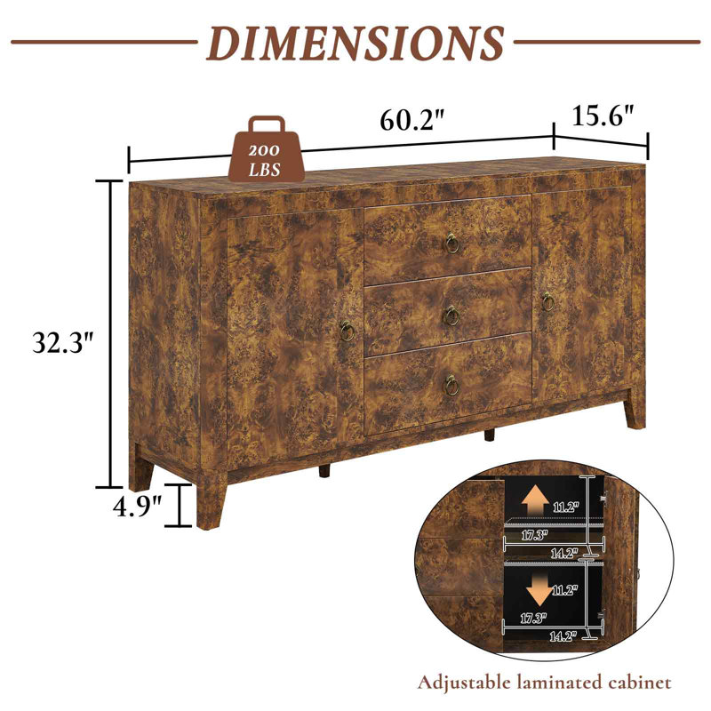 Dorne 60" Modern High Gloss Burl Sideboard with Adjustable Shelves, Brown, Brown