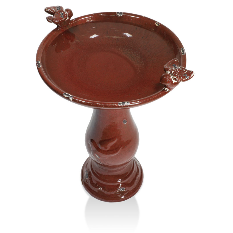 Ceramic / Porcelain Pedestal Birdbath, Red