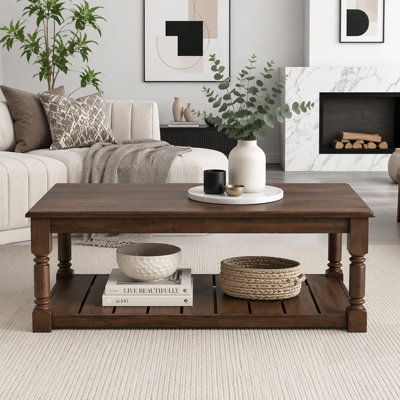 Farmhouse Wooden Coffee Table with Slatted Lower Shelf, Rectangular Turned Solid Wood Leg Cocktail Table for Living Room Home Decor