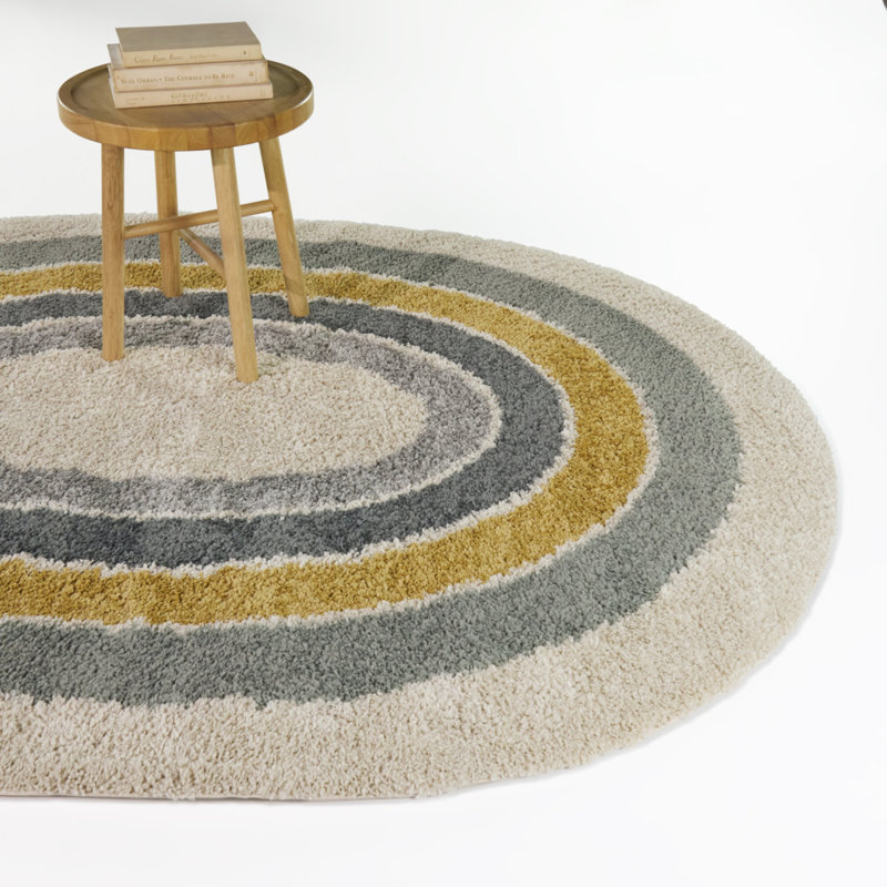 Ignaz Blue/Yellow Striped Border Oval Area Rug, 6'7" x 9' Oval