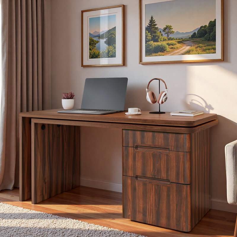 Bureau moderne en forme de L avec 3 tiroirs et bureau pivotant à 360 ° en bois