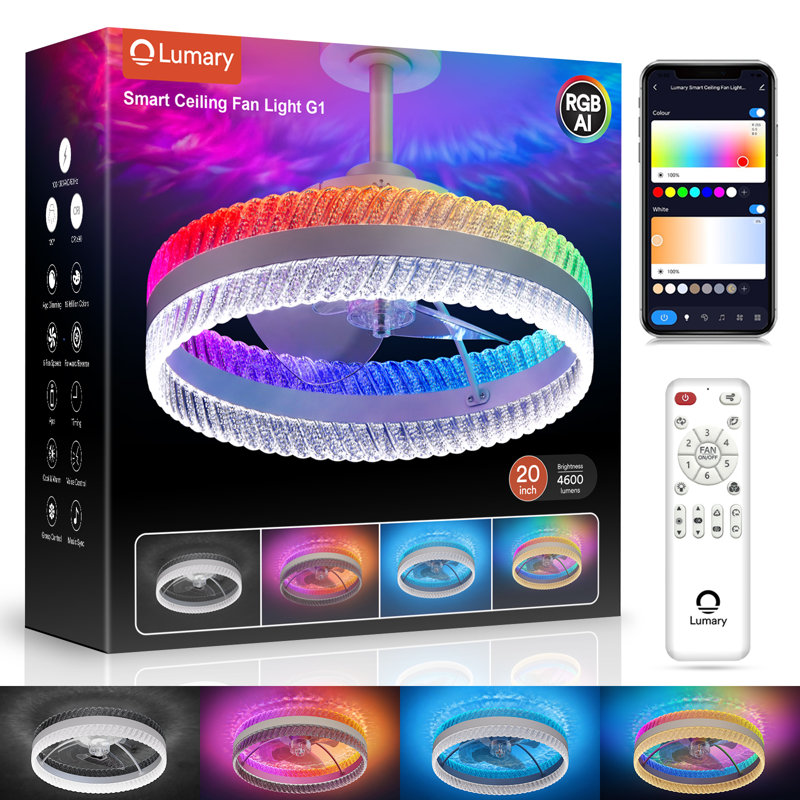 Lumary 20" Smart Ceiling Fans with Lights, RGBAI Rainbow Flow Lighting with Feather Projection, Flush Mount/Downrod for Low Profile or High Ceilings, Modern Bladeless Fan Light for Bedroom