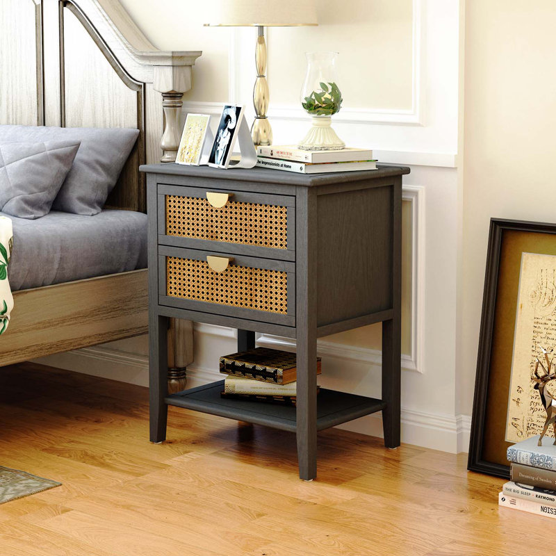 Ossian 2 Drawer Side table,Naturel Rattan,End table,Suitable for bedroom, living room, study, Gray