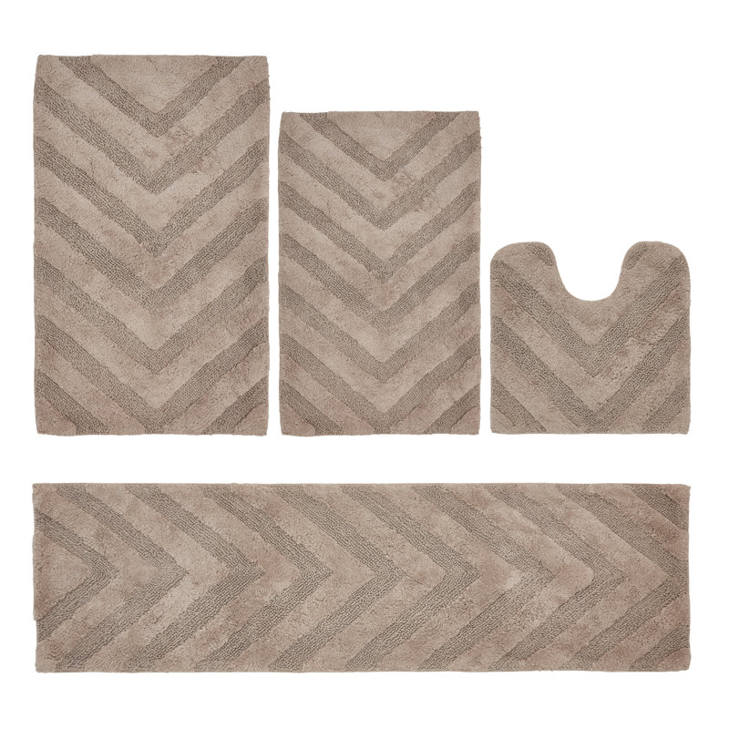 Ensemble de tapis pour salle de bain 100% coton de qualité supérieure Hugo 4 pièces avec envers antidérapant, lavable à la machine, luxueux tapis Chervon à motif super absorbant et touffeté pour la salle de bain, la douche et la baignoire