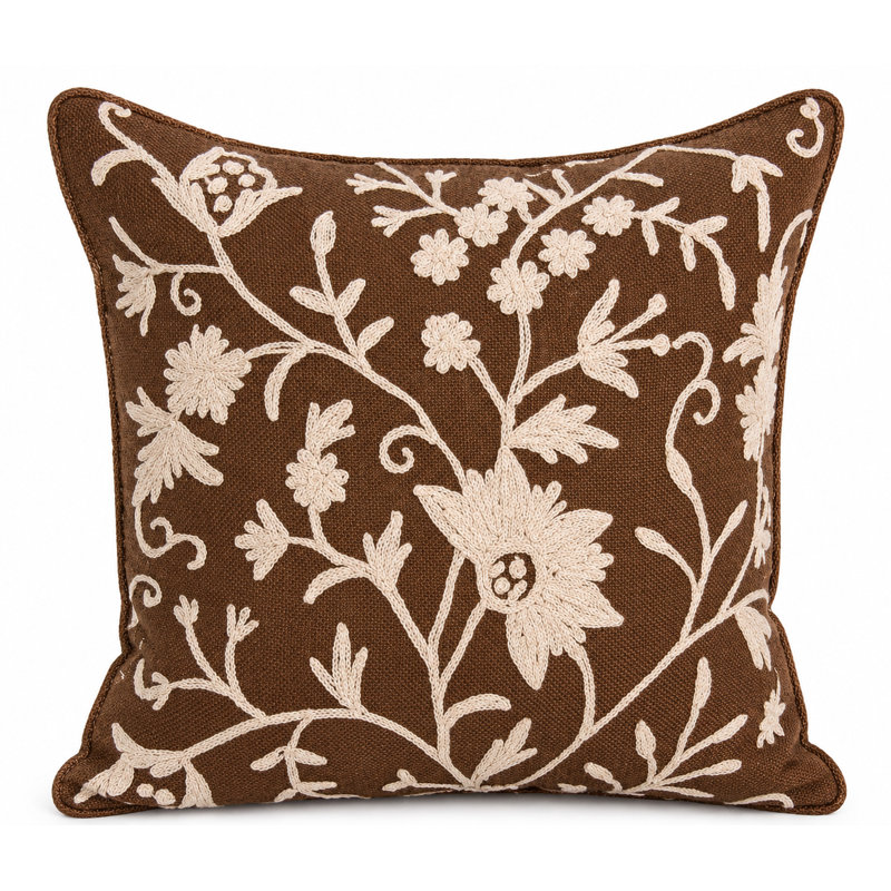 Vine Embroidered Feather Linen Reversible Throw Pillow, Coffee, Feather