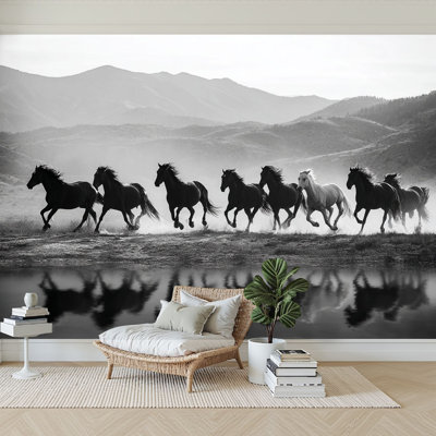 Peel and Stick Wallpaper 96" W x 69" H Modern Self Adhesive Wall Mural for Bedroom Running Horses lake