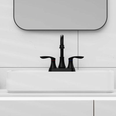 Bathroom Faucet Matte Black With Pop-Up Drain & Supply Hoses 2-Handle 360 Degree High Arc Swivel Spout Centerset 6 Inch Vanity Sink Faucet