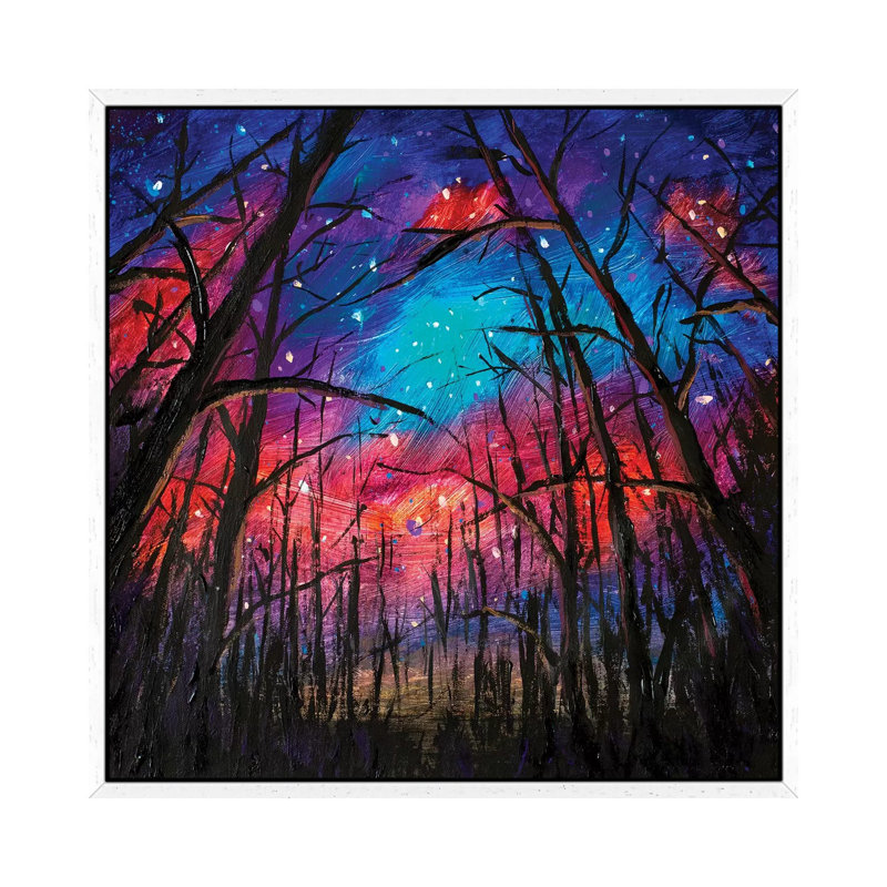 Beautiful Starry Sky Through Trees in Forest 1 Piece Painting on Canvas, 45.72 cm H x 45.72 cm W, White Framed
