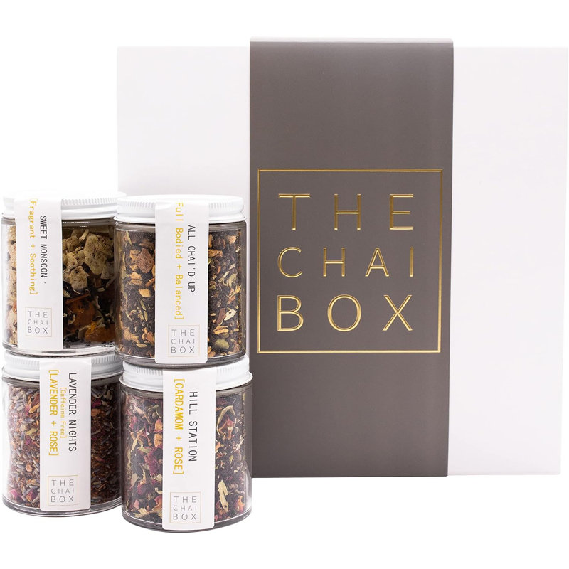 The Chai Box: The Ultimate Chai Lover's Gift - (4) pots en verre de 10 oz de thés en feuilles mélangés à la main, 4 saveurs vibrantes, les choses préférées d'Oprah